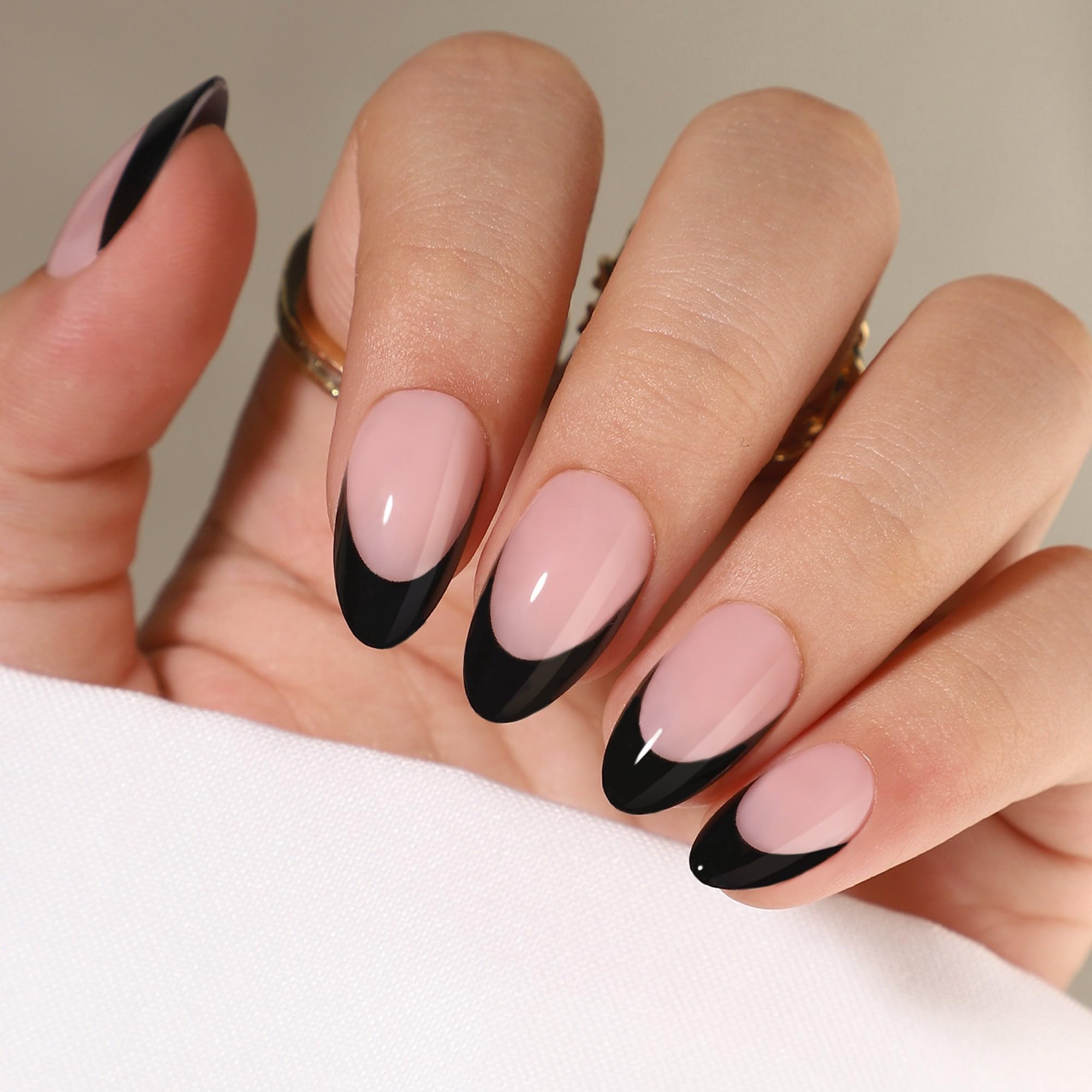 RTKHFZE Short Press On Nails – French Tip Almond, Soft Gel, 32 Nails Kit (16 Sizes) | Black French