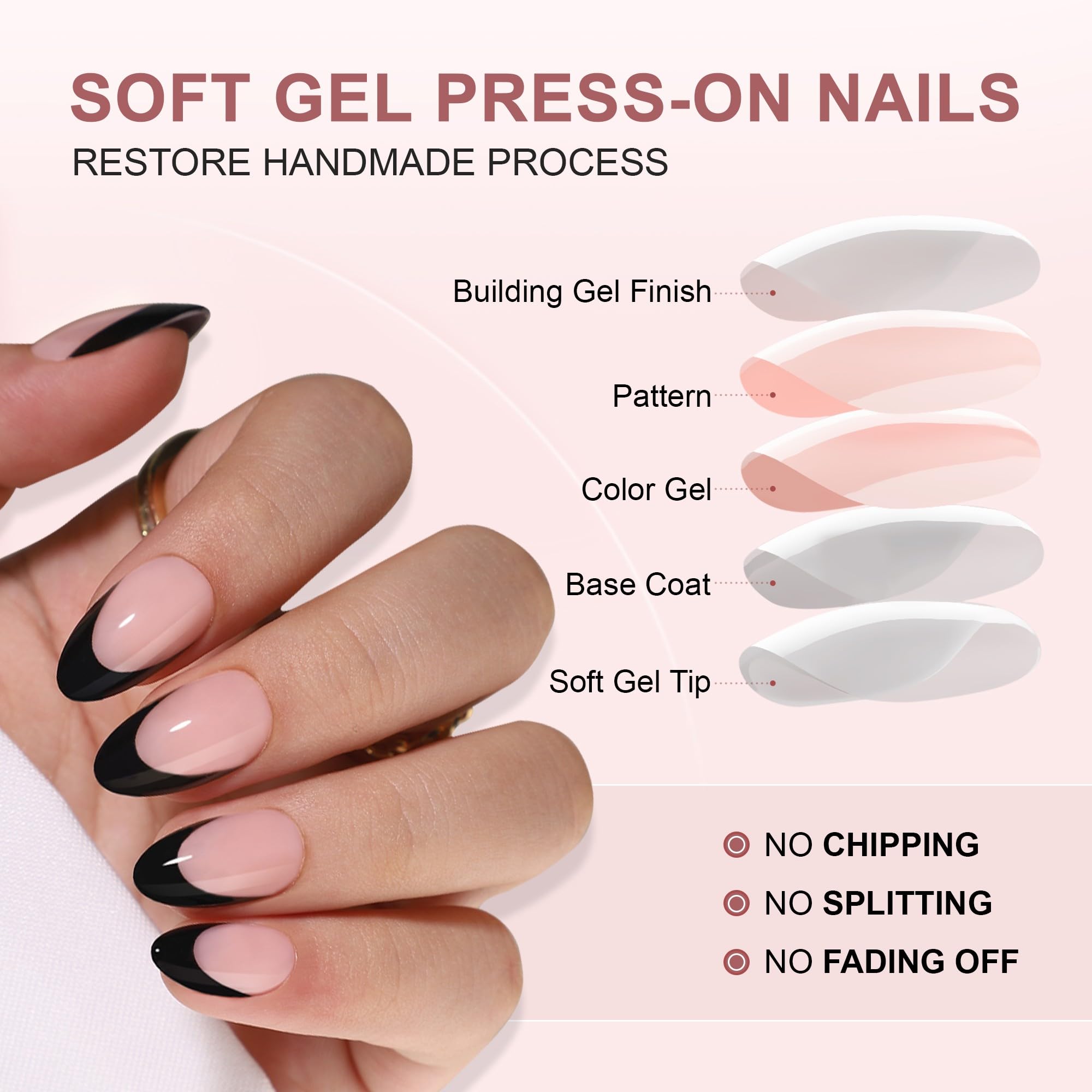 RTKHFZE Short Press On Nails – French Tip Almond, Soft Gel, 32 Nails Kit (16 Sizes) | Black French