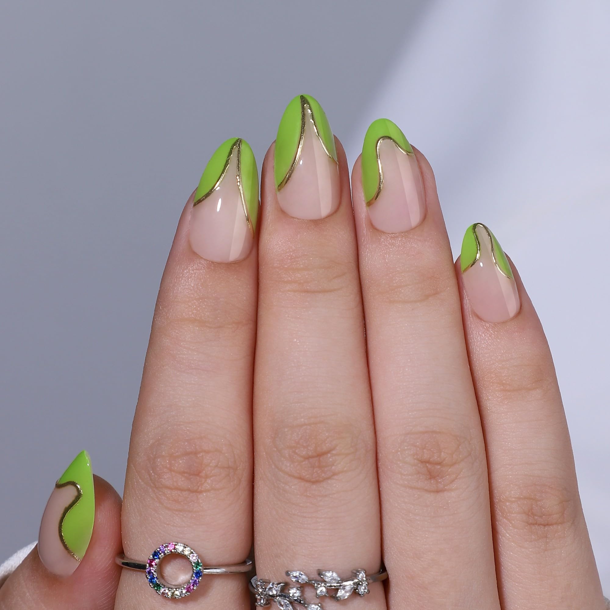 RTKHFZE Press On Nails Almond – French Tip Short with Gold Foil (16 Sizes) | Glue-On