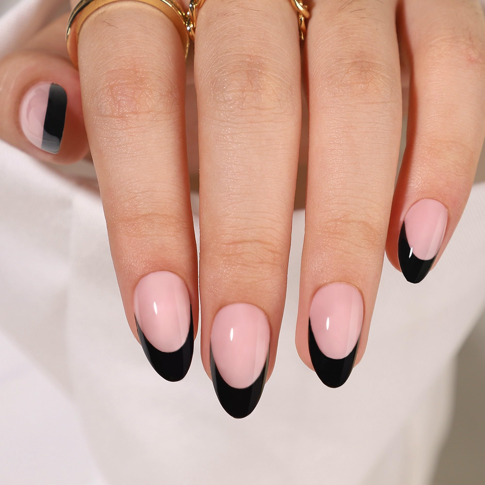 RTKHFZE Short Press On Nails – French Tip Almond, Soft Gel, 32 Nails Kit (16 Sizes) | Black French