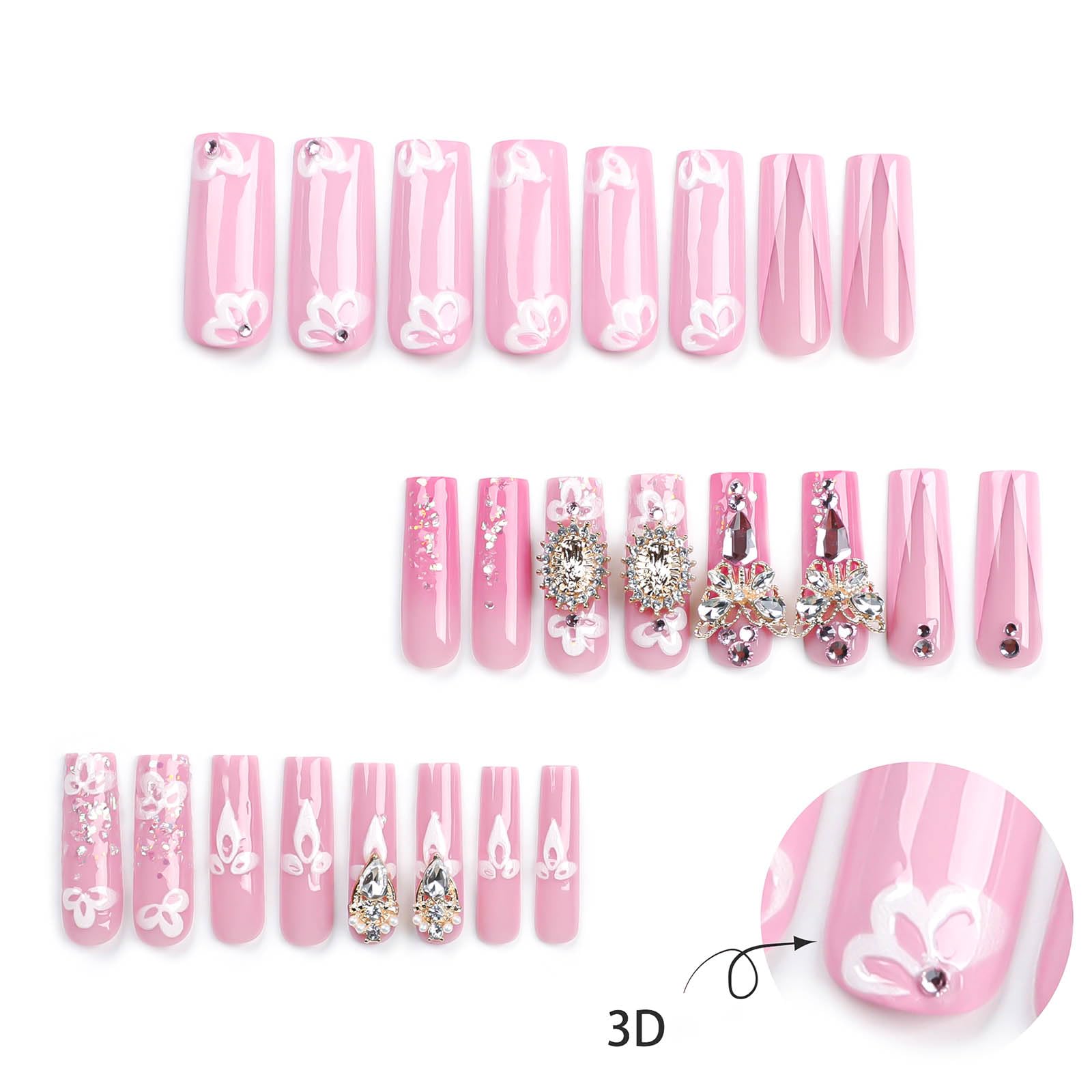 RUOKEXIN Long Press Pink French Acrylic Nails – 24Pcs with Butterfly Charms