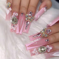 RUOKEXIN Long Press Pink French Acrylic Nails – 24Pcs with Butterfly Charms