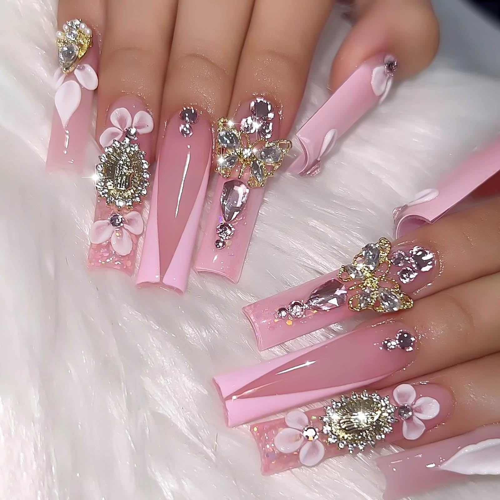 RUOKEXIN Long Press Pink French Acrylic Nails – 24Pcs with Butterfly Charms
