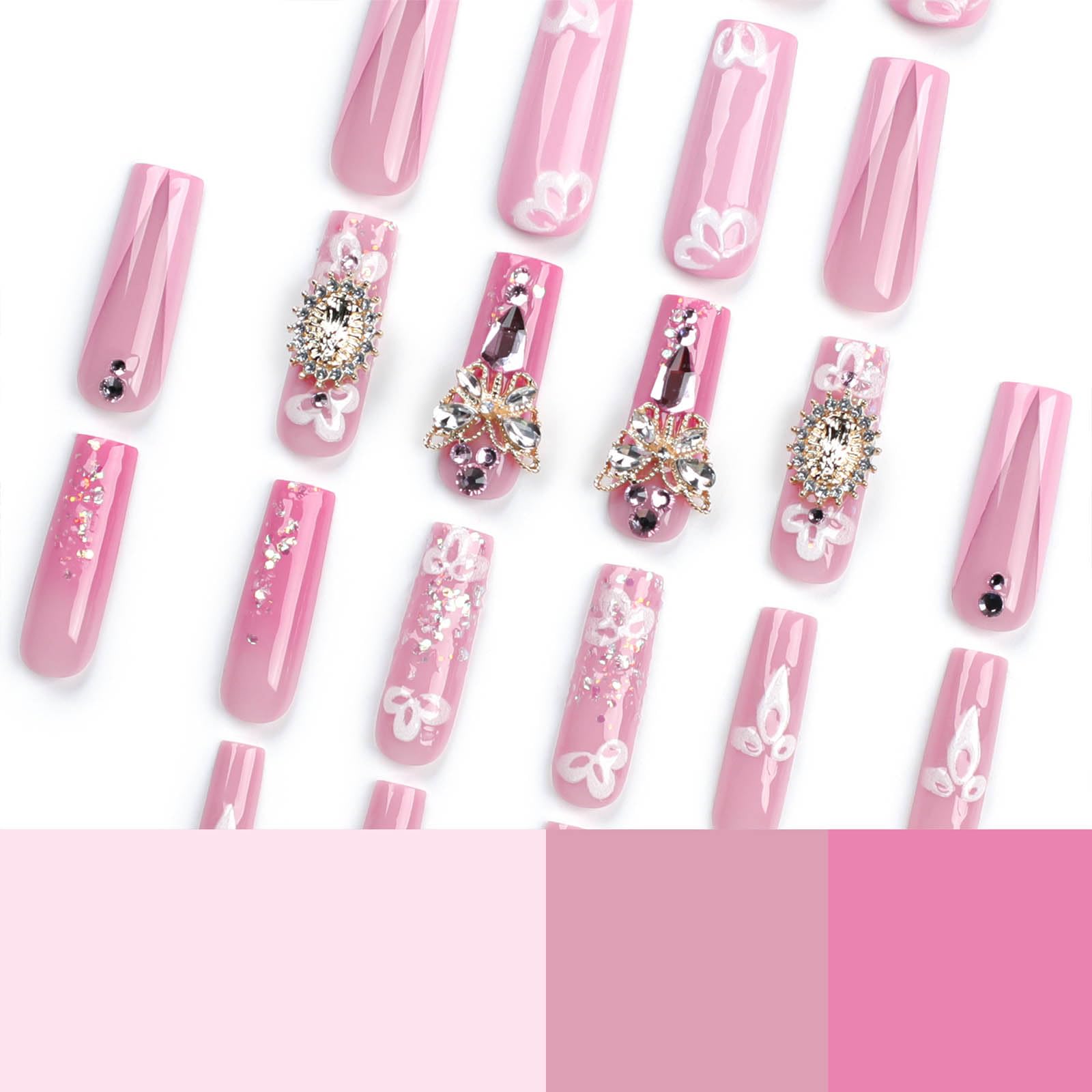 RUOKEXIN Long Press Pink French Acrylic Nails – 24Pcs with Butterfly Charms
