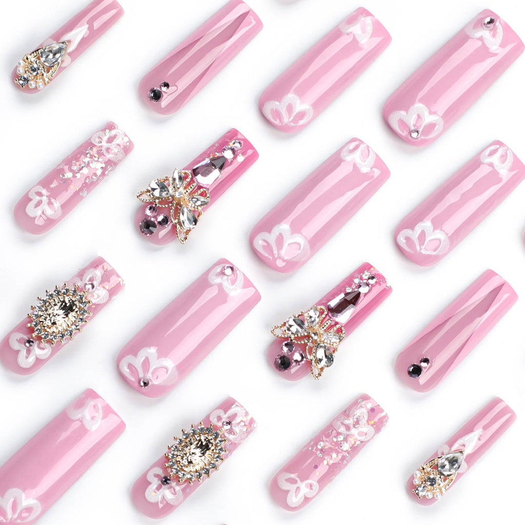 RUOKEXIN Long Press Pink French Acrylic Nails – 24Pcs with Butterfly Charms
