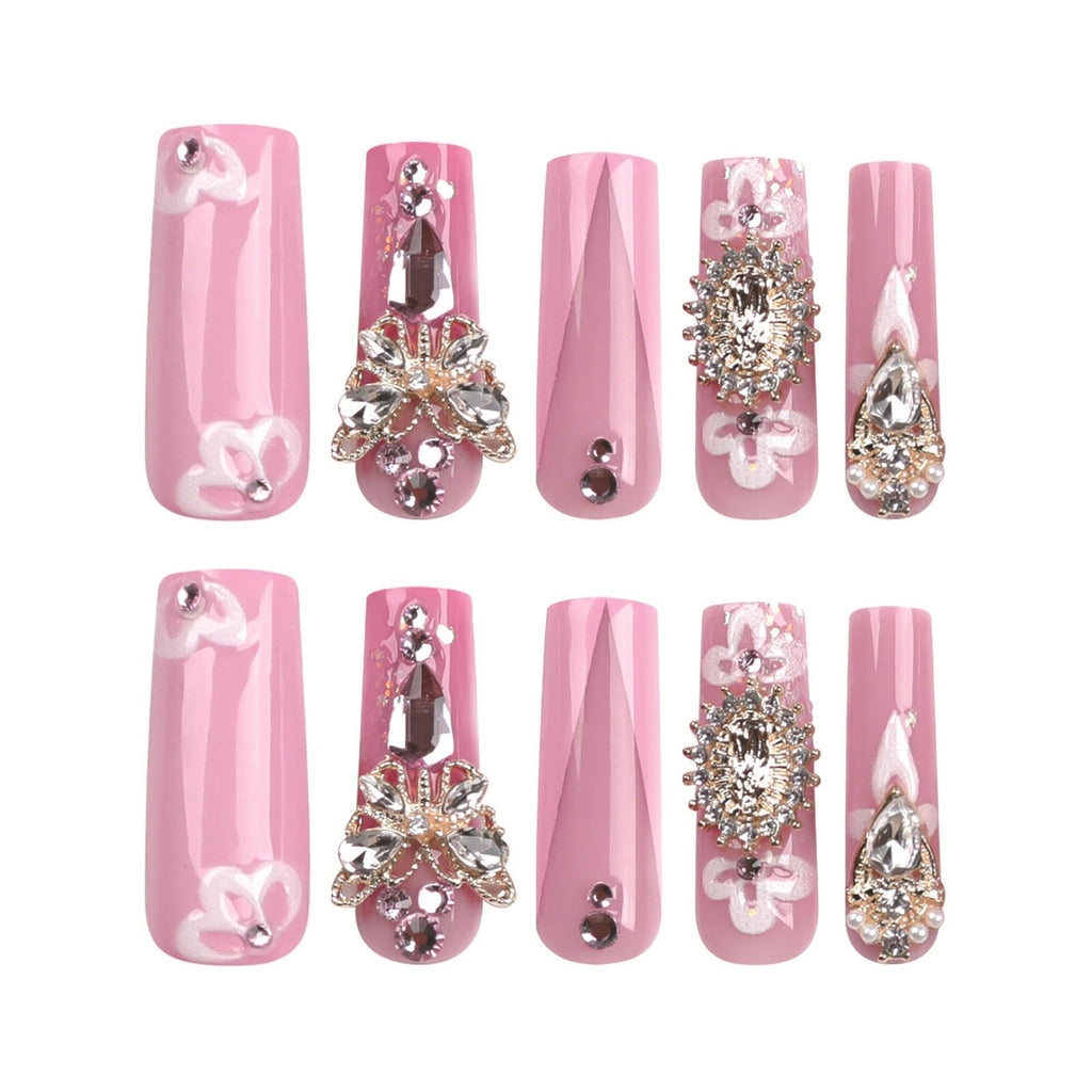 RUOKEXIN Long Press Pink French Acrylic Nails – 24Pcs with Butterfly Charms