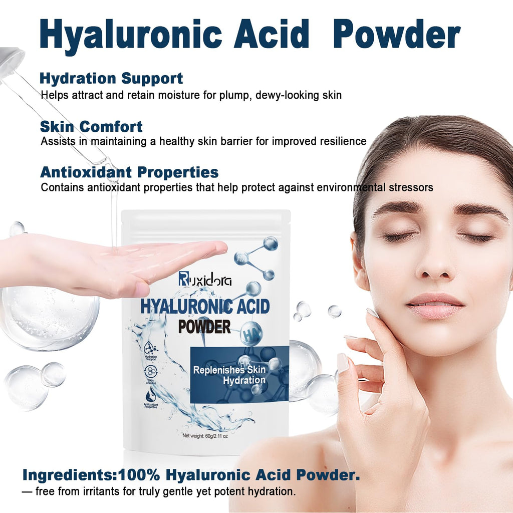 Ruxidora Pure Hyaluronic Acid Powder for Skin — Low MW Sodium Hyaluronate (60g) DIY Serum Ingredient