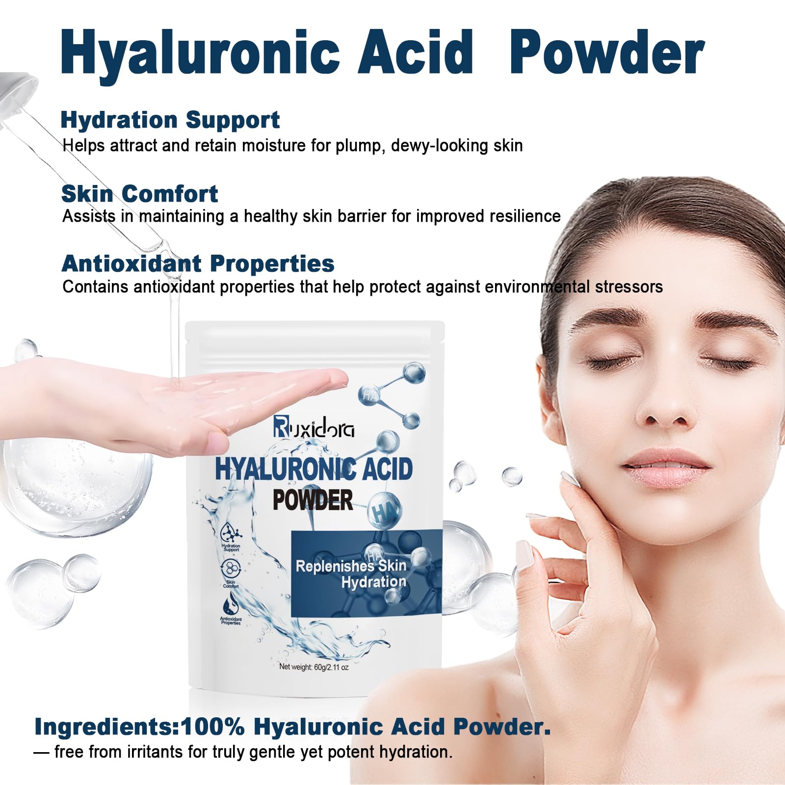 Ruxidora Pure Hyaluronic Acid Powder for Skin — Low MW Sodium Hyaluronate (60g) DIY Serum Ingredient