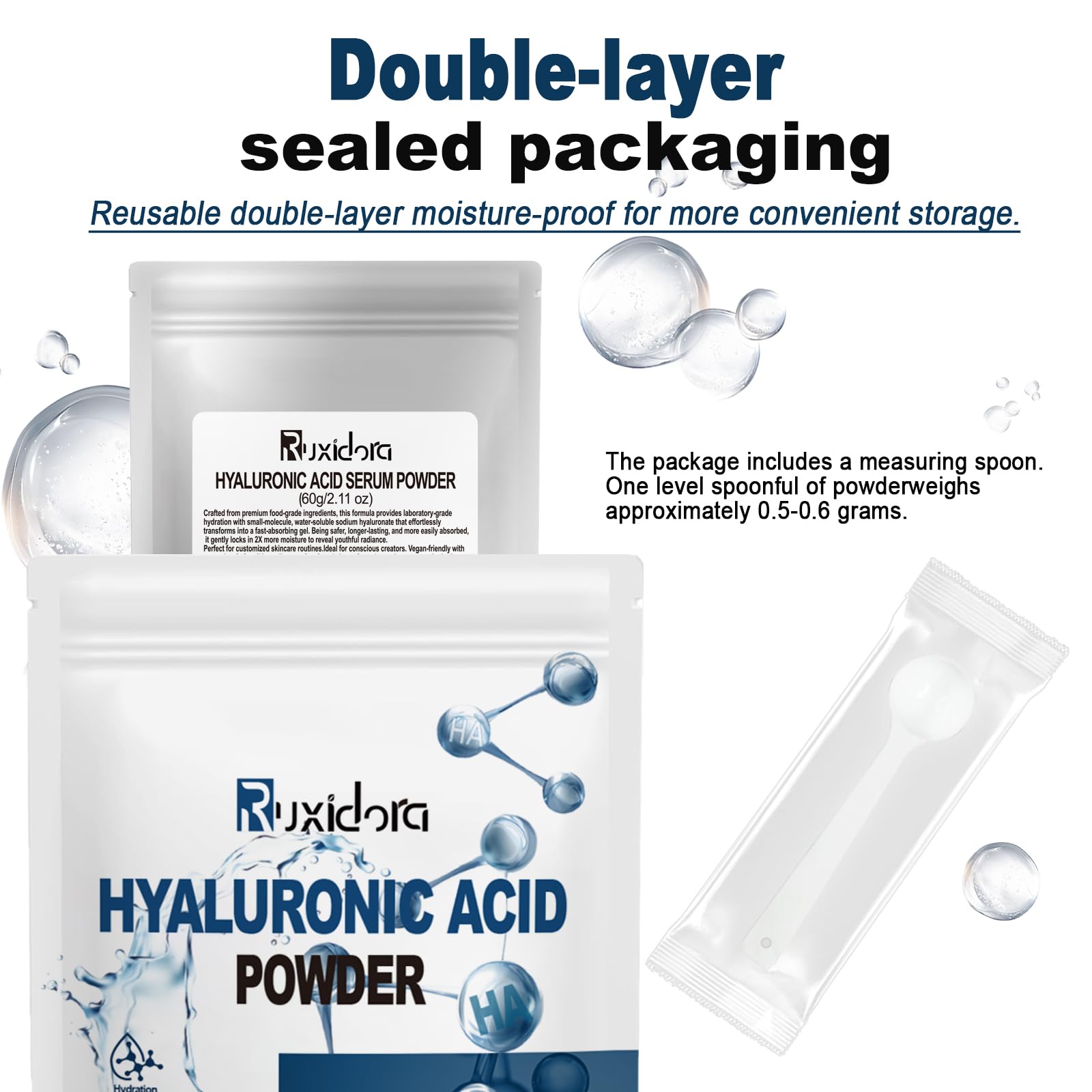 Ruxidora Pure Hyaluronic Acid Powder for Skin — Low MW Sodium Hyaluronate (60g) DIY Serum Ingredient