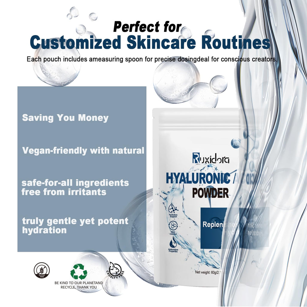 Ruxidora Pure Hyaluronic Acid Powder for Skin — Low MW Sodium Hyaluronate (60g) DIY Serum Ingredient