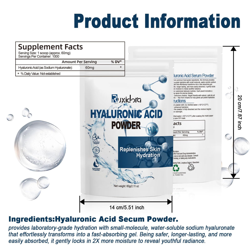 Ruxidora Pure Hyaluronic Acid Powder for Skin — Low MW Sodium Hyaluronate (60g) DIY Serum Ingredient