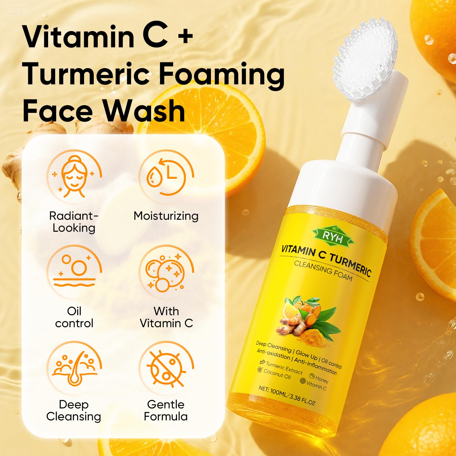 RYH 2pcs Turmeric Face Wash with Vitamin C — Deep Clean & Glow Foam Set