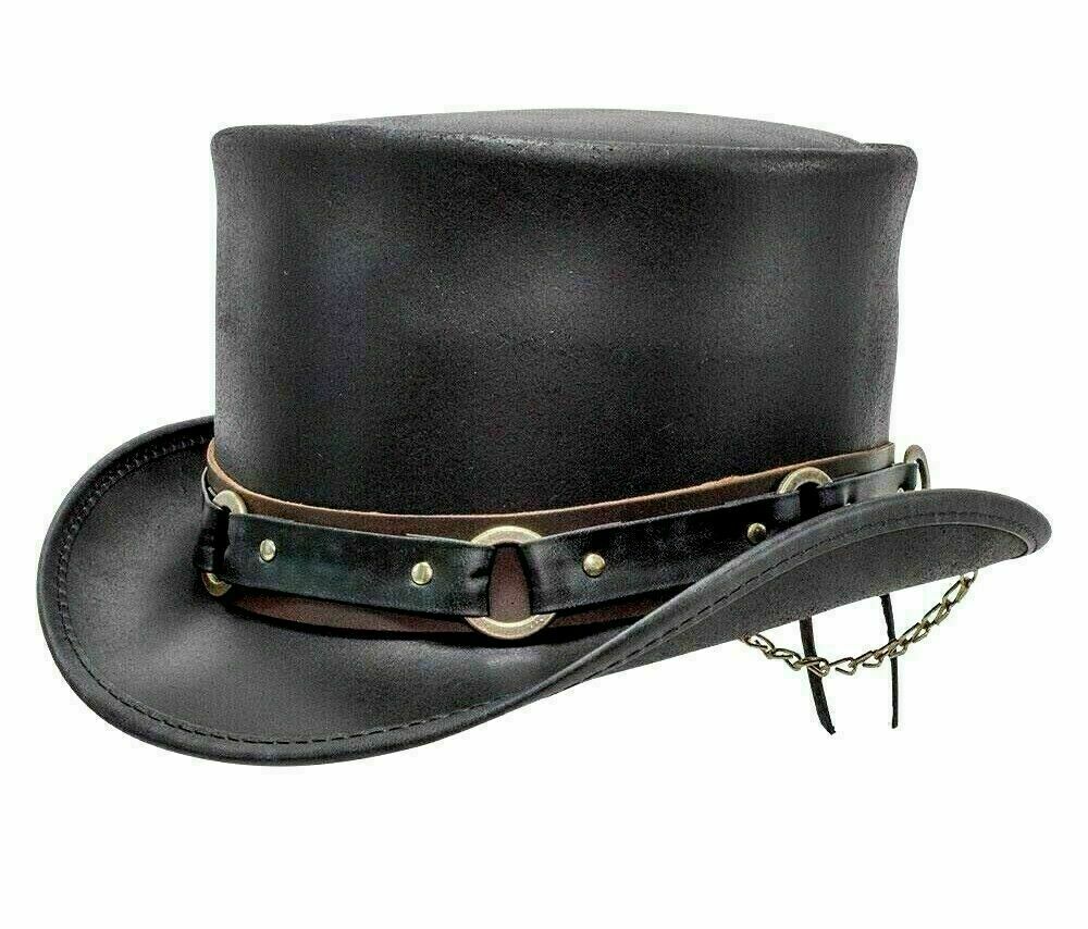 Custom made 5" Steampunk Deadman Top Hat , El Dorado Classic Ring Band Biker Leather Top Hat