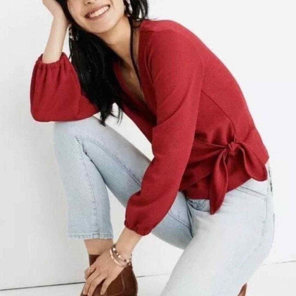 MADEWELL Texture & Thread Crossbody Wrap Top In Red Crepe