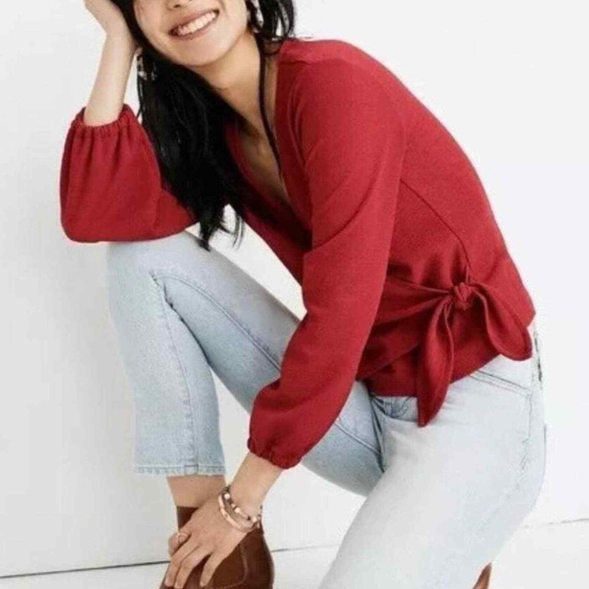 MADEWELL Texture & Thread Crossbody Wrap Top In Red Crepe
