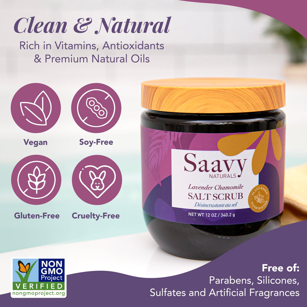 Saavy Naturals Body Scrub – Lavender Chamomile Salt Exfoliant with Vitamin E (12 oz) | Gentle for Sensitive Skin | Made in USA