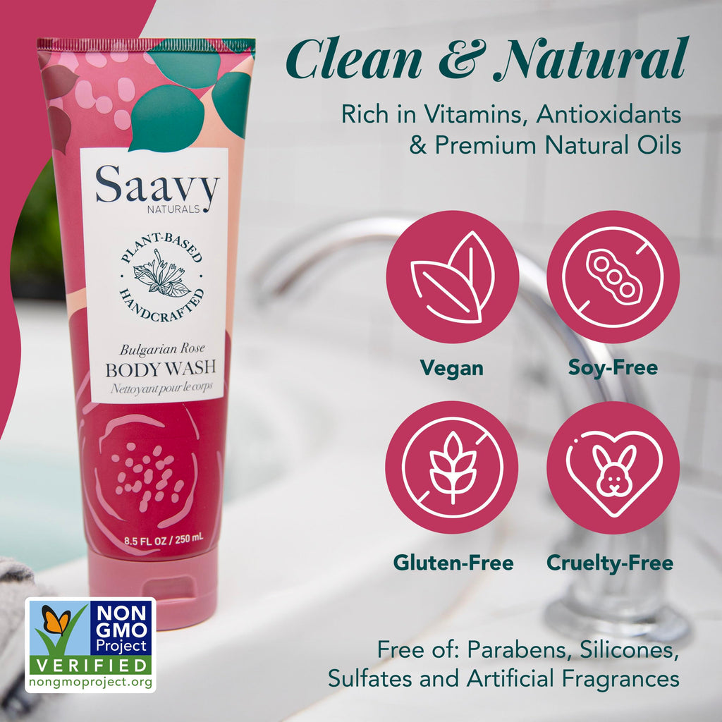 Saavy Naturals Moisturizing Body Wash for Sensitive Skin – Bulgarian Rose, Plant-Based & Paraben-Free – 8.5 fl oz, 2 Pack