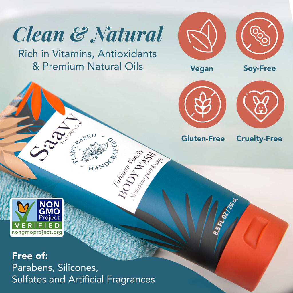 Saavy Naturals Moisturizing Body Wash for Sensitive Skin – Tahitian Vanilla, Coconut Oil & Aloe – 8.5 fl oz – Paraben-Free