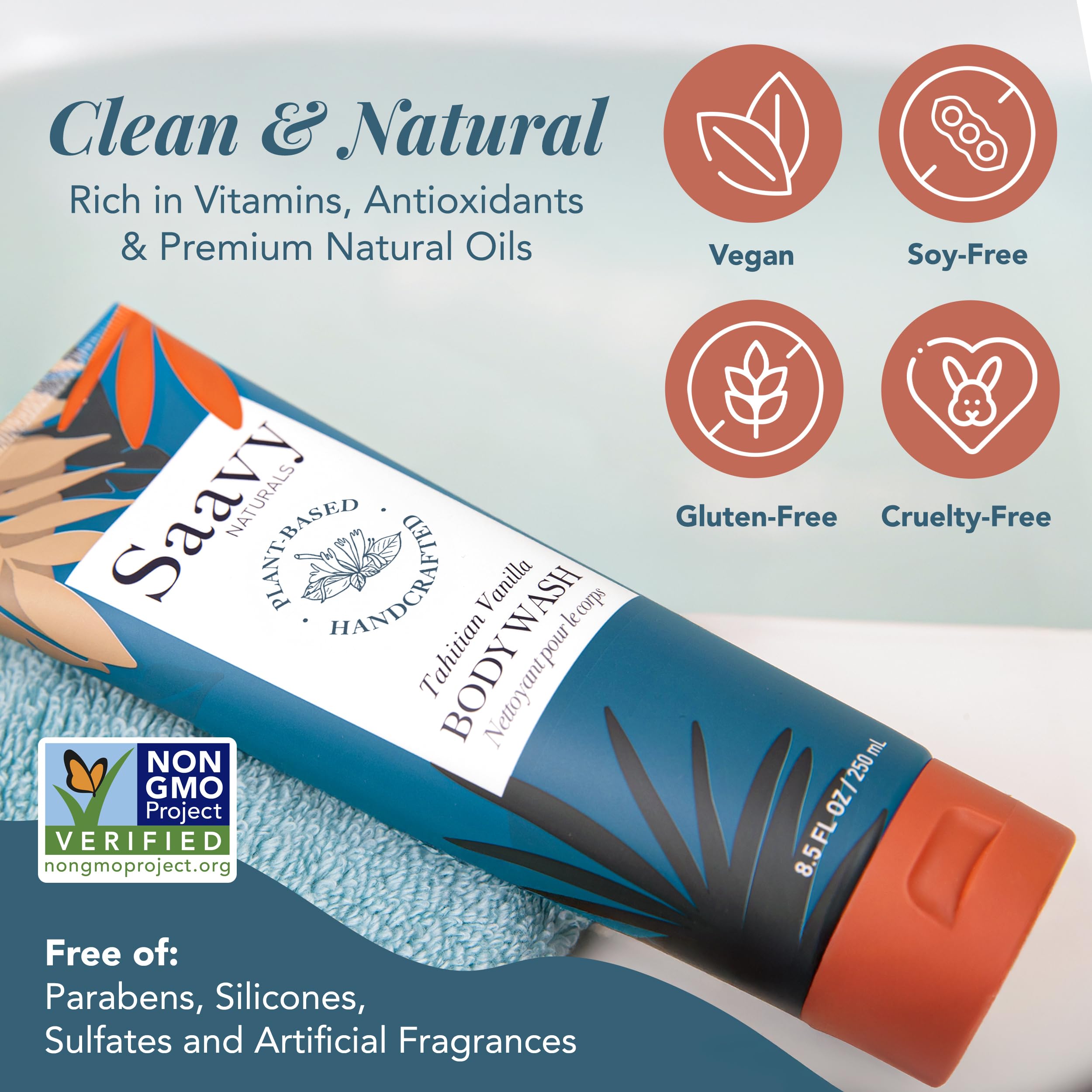 Saavy Naturals Moisturizing Body Wash for Sensitive Skin – Tahitian Vanilla, Coconut Oil & Aloe – 8.5 fl oz – Paraben-Free