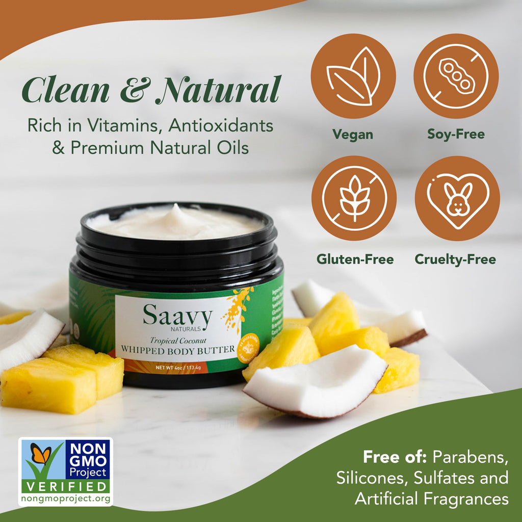 Saavy Naturals Whipped Body Butter – Organic Shea, Deep Hydration, Tropical Coconut, 4 oz