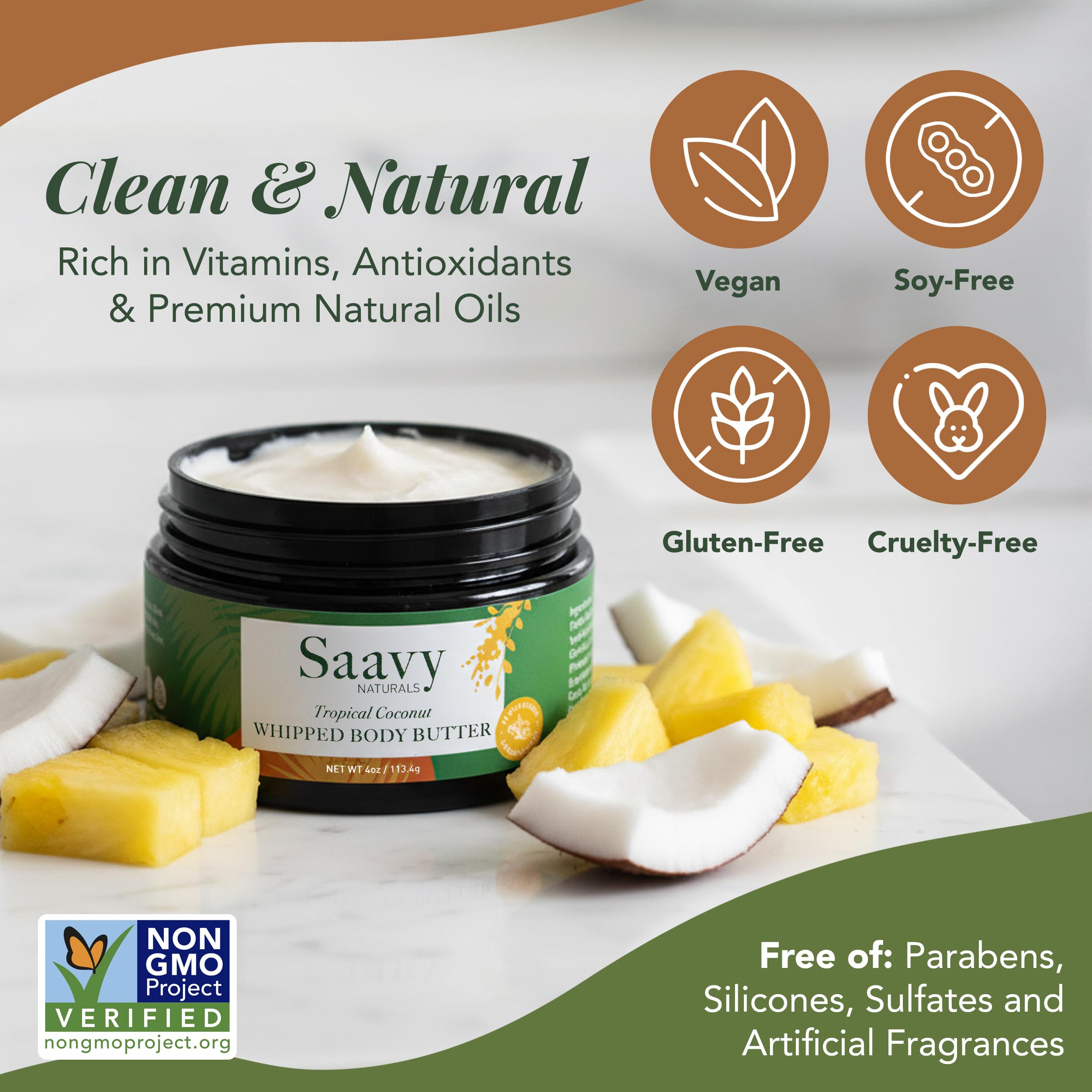 Saavy Naturals Whipped Body Butter – Organic Shea, Deep Hydration, Tropical Coconut, 4 oz