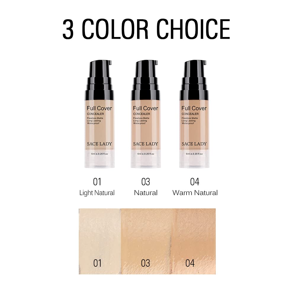 SACE LADY 3-Pack Pro Full Cover Liquid Concealer – Waterproof Matte Finish, Natural