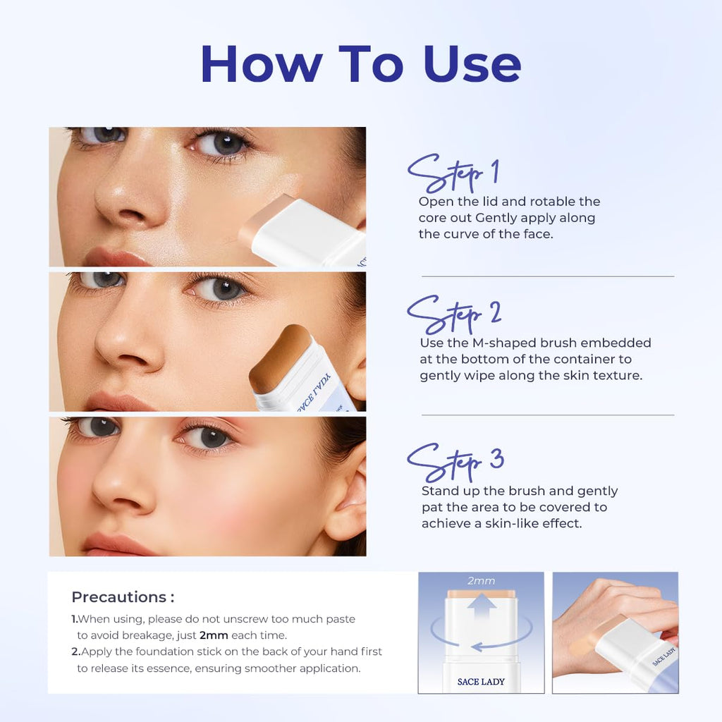 SACE LADY Foundation Stick – Built-in Brush, SPF 30, Medium to Full Coverage, Soft Matte Finish (0.4 oz)