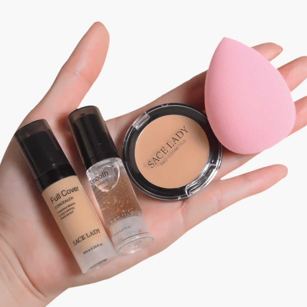 Waterproof Full-Coverage Concealer with Primer Sponge Set | SACE LADY – Matte, Long-Wear Foundation & Corrector (Light Natural)