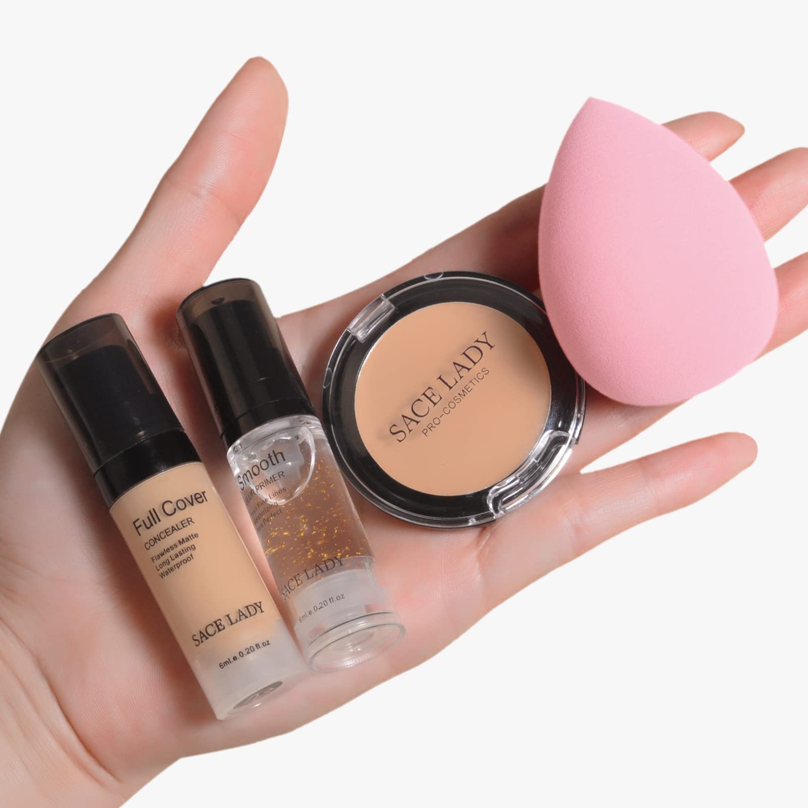 Waterproof Full-Coverage Concealer with Primer Sponge Set | SACE LADY – Matte, Long-Wear Foundation & Corrector (Light Natural)