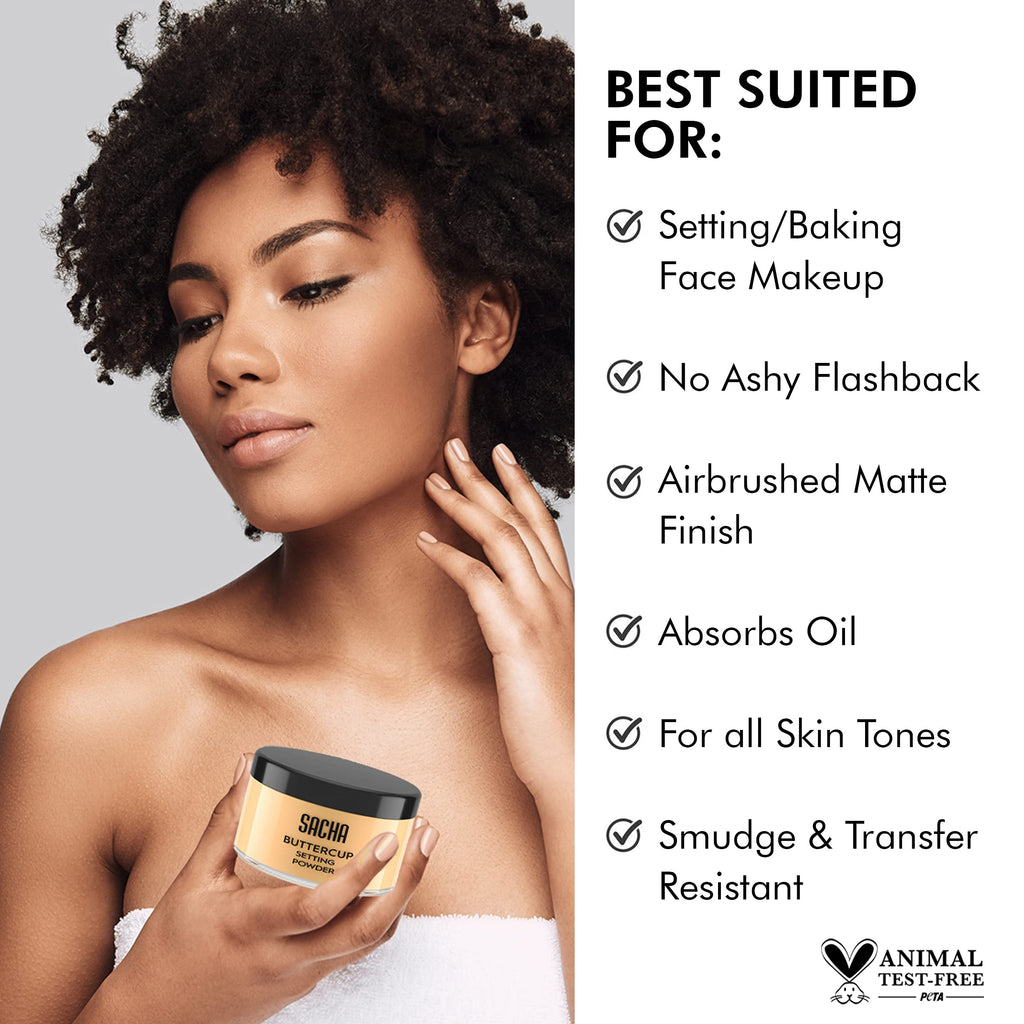 Sacha BUTTERCUP Setting Powder – No Ashy Flashback, Blurs Fine Lines & Pores | Medium–Dark Skin | 1.75 oz