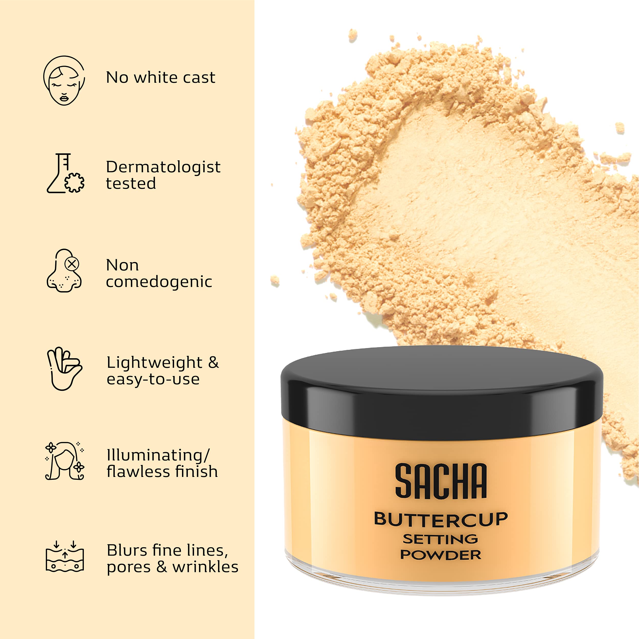 Sacha BUTTERCUP Setting Powder – No Ashy Flashback, Blurs Fine Lines & Pores | Medium–Dark Skin | 1.75 oz