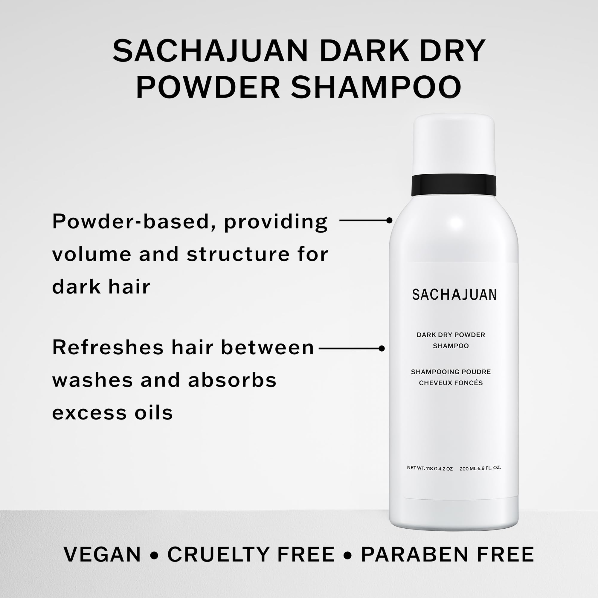 SACHAJUAN Dark Dry Powder Shampoo – Refresh Between Washes, Absorbs Oil, 118 g / 6.8 oz