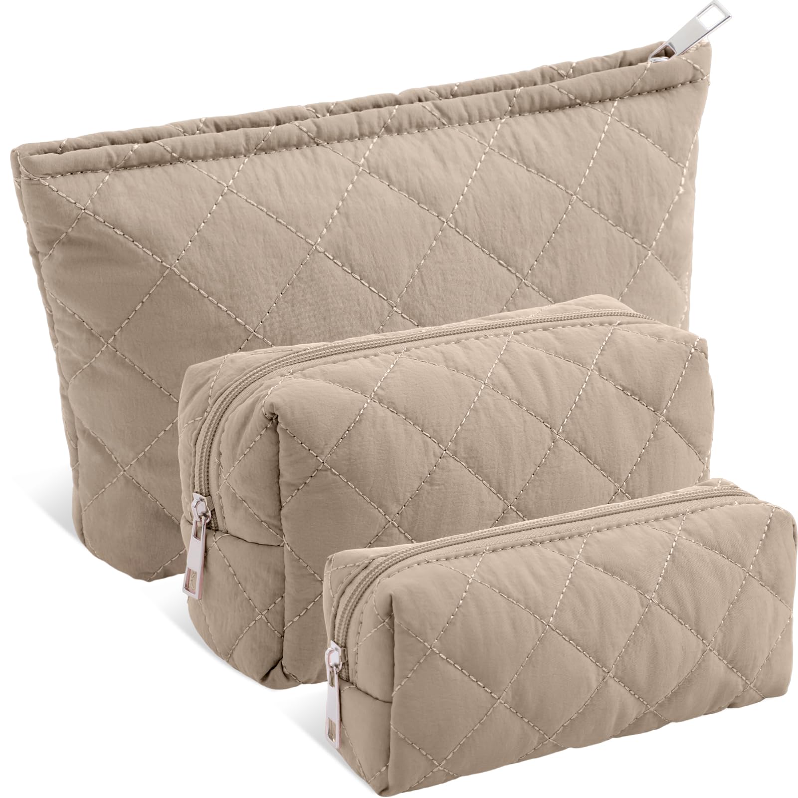 Sadnyy 3 Pcs Puffy Quilted Makeup Bag Set – Valentine Gift, 3 Sizes, Grayish Brown
