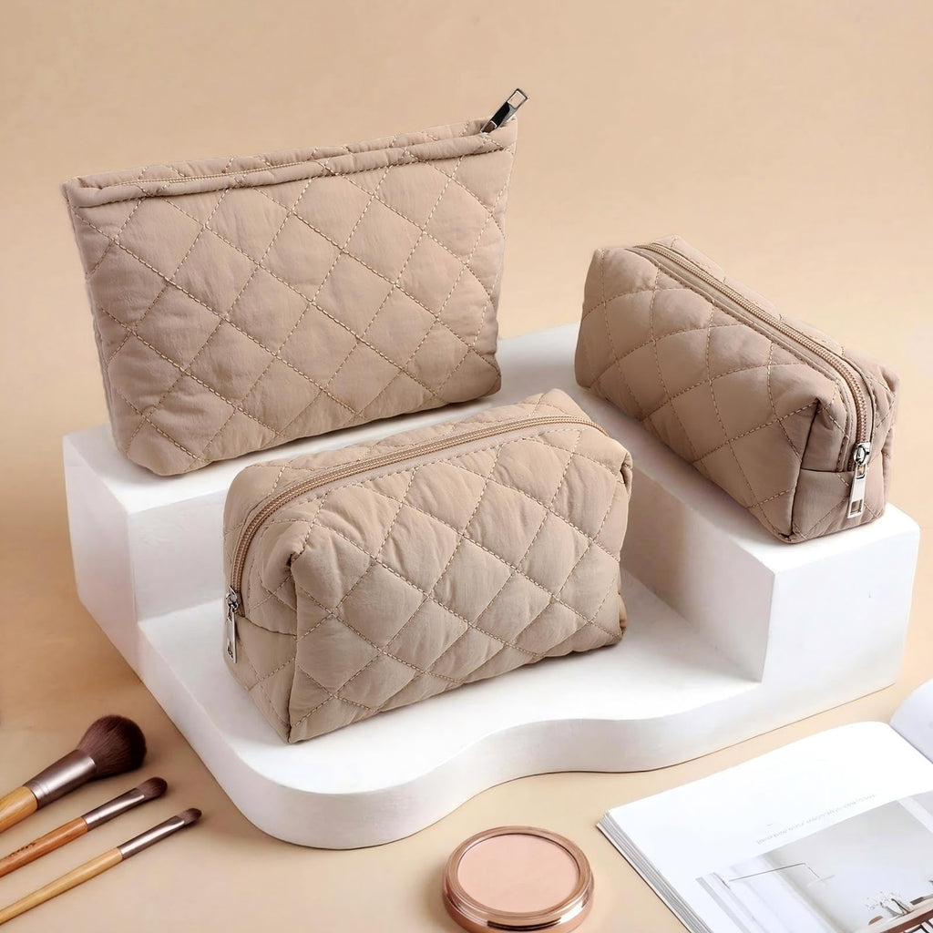 Sadnyy 3 Pcs Puffy Quilted Makeup Bag Set – Valentine Gift, 3 Sizes, Grayish Brown