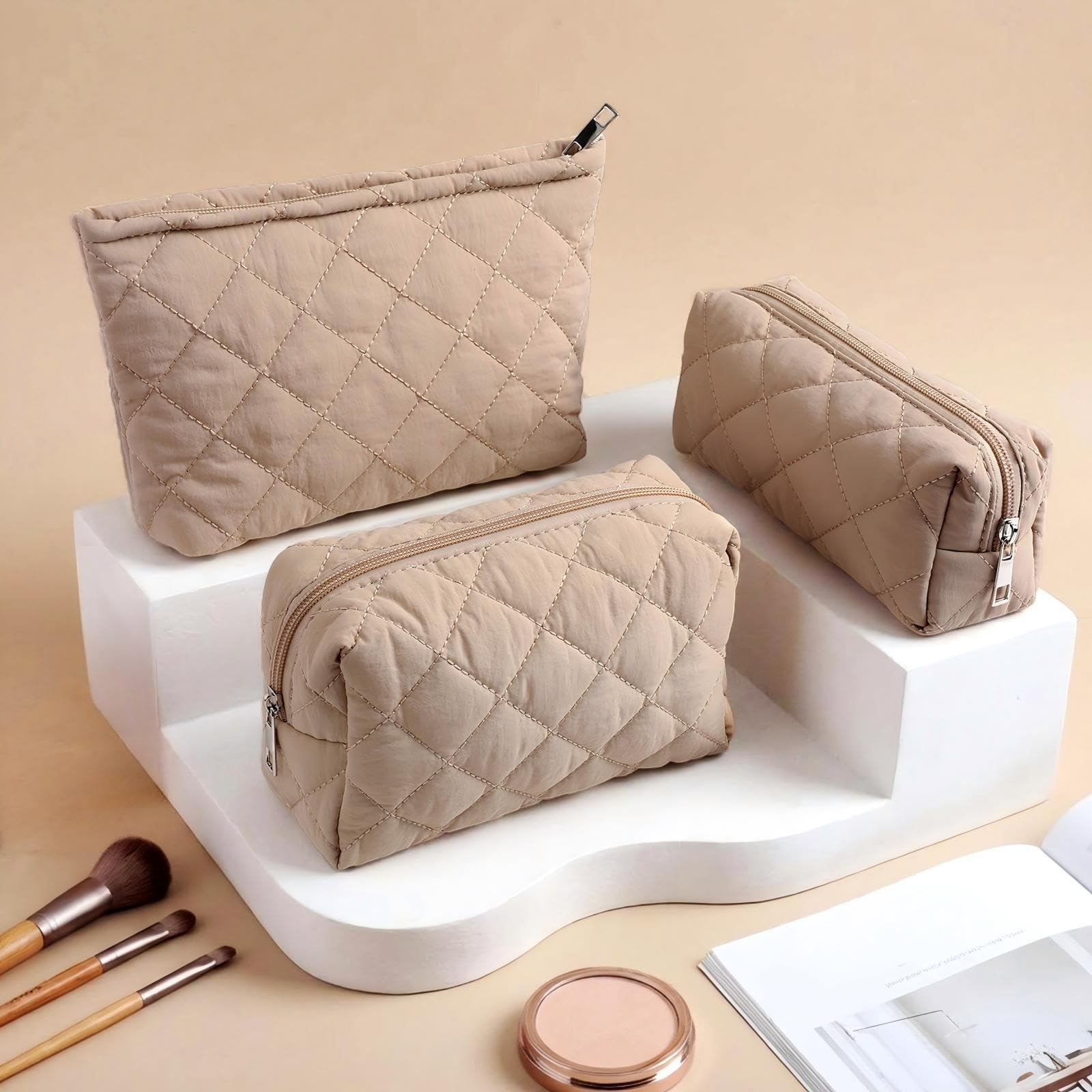 Sadnyy 3 Pcs Puffy Quilted Makeup Bag Set – Valentine Gift, 3 Sizes, Grayish Brown