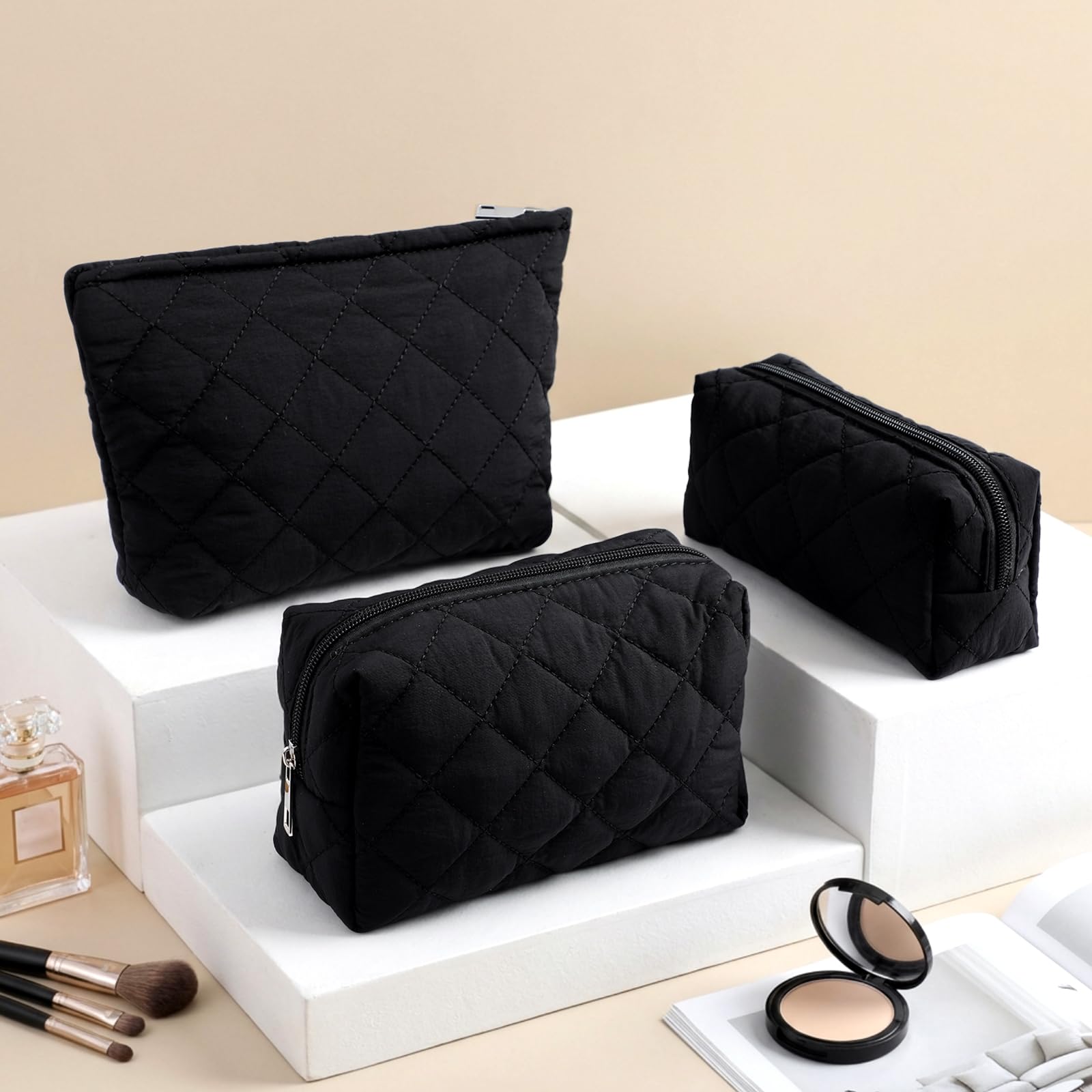 Sadnyy 3 Pcs Puffy Quilted Makeup Bag Set | Valentine Gift for Women