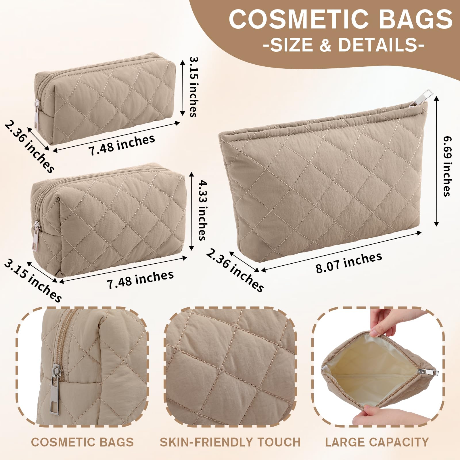 Sadnyy 3 Pcs Puffy Quilted Makeup Bag Set – Valentine Gift, 3 Sizes, Grayish Brown