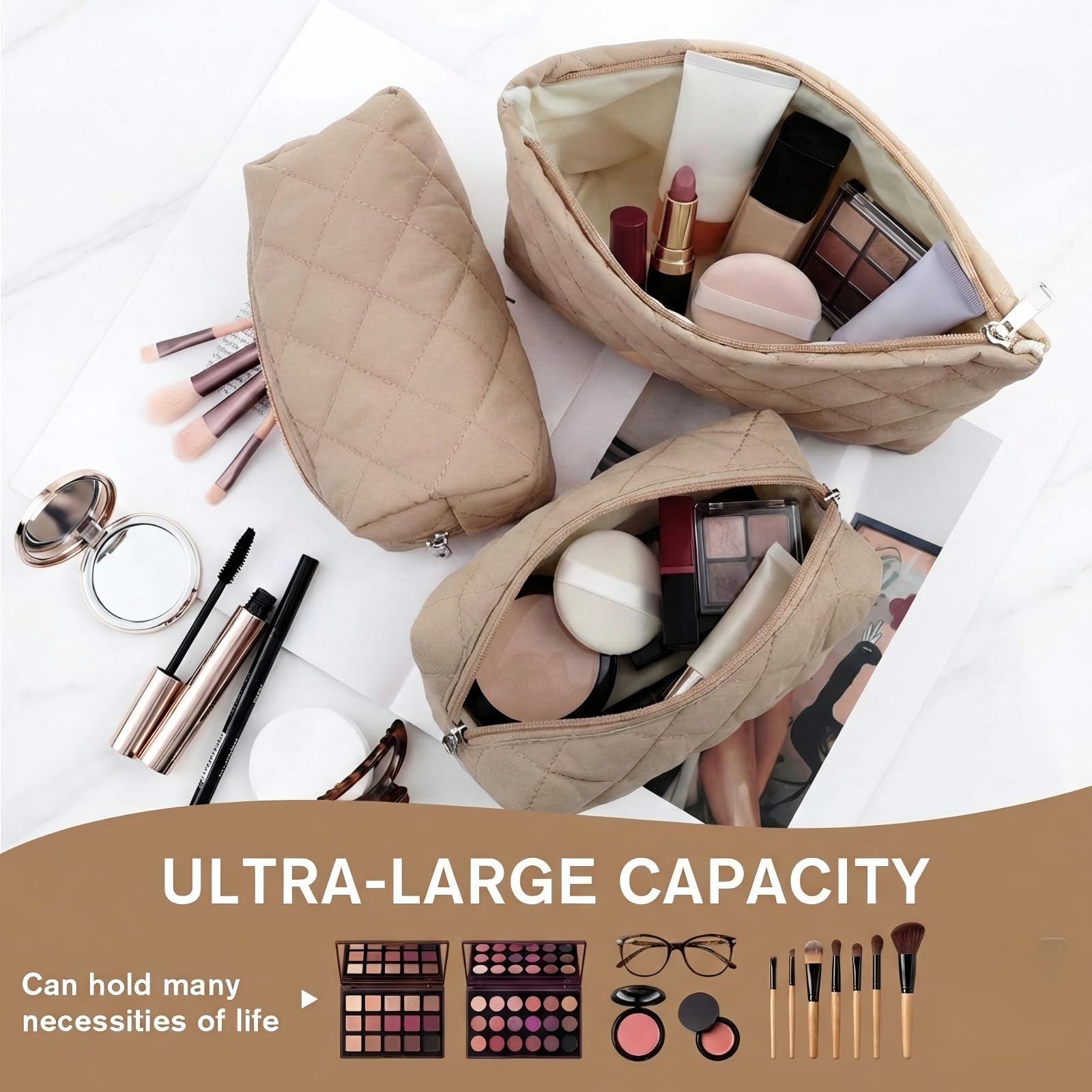 Sadnyy 3 Pcs Puffy Quilted Makeup Bag Set – Valentine Gift, 3 Sizes, Grayish Brown
