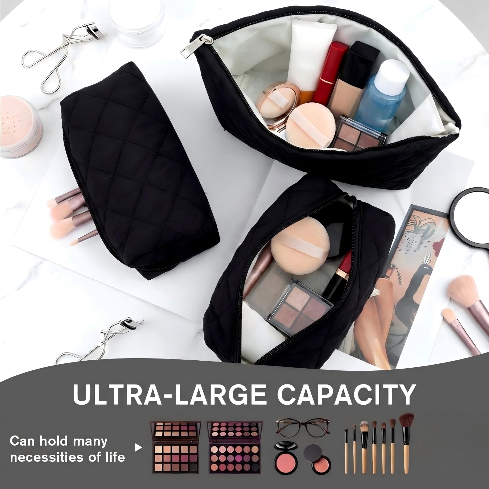 Sadnyy 3 Pcs Puffy Quilted Makeup Bag Set | Valentine Gift for Women
