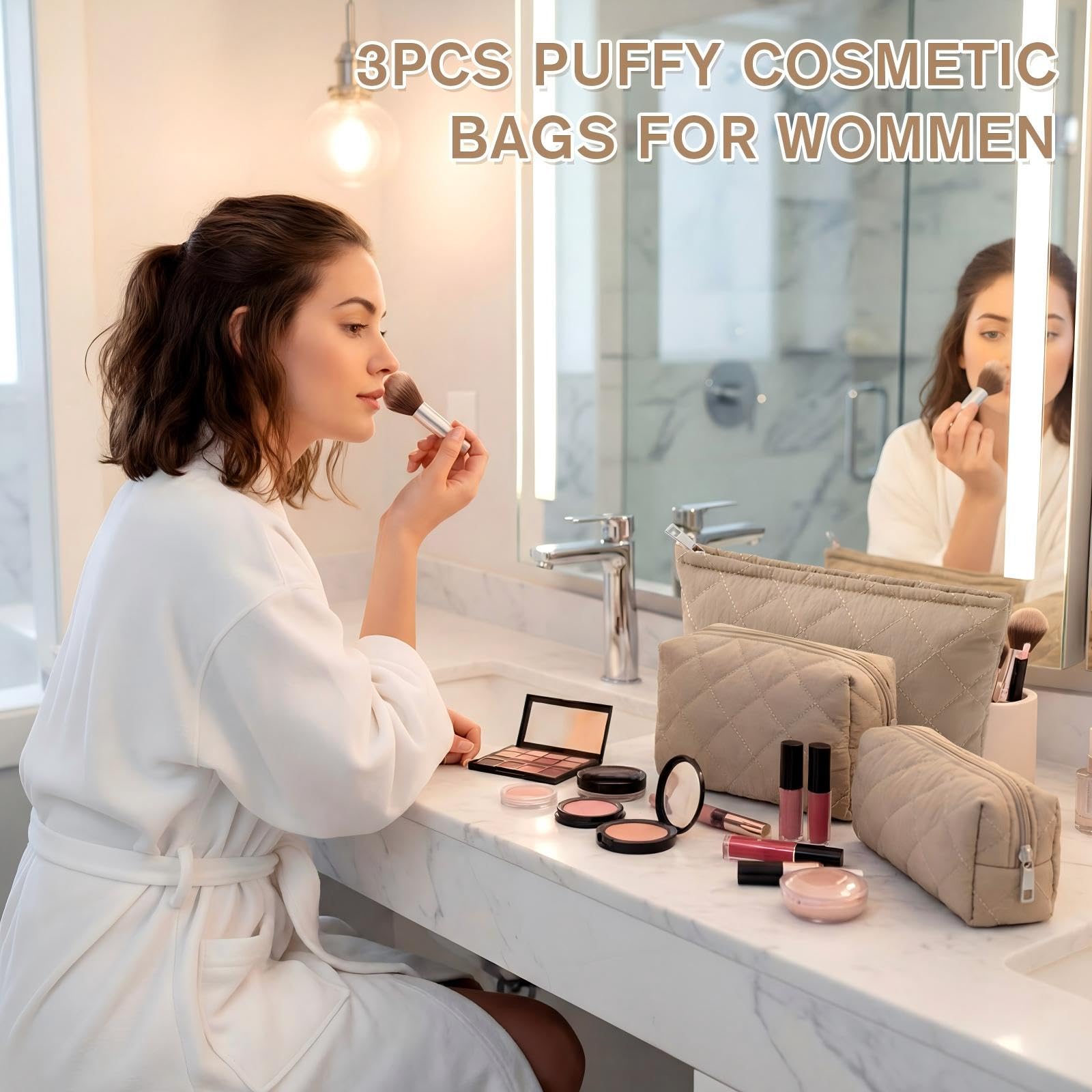 Sadnyy 3 Pcs Puffy Quilted Makeup Bag Set – Valentine Gift, 3 Sizes, Grayish Brown