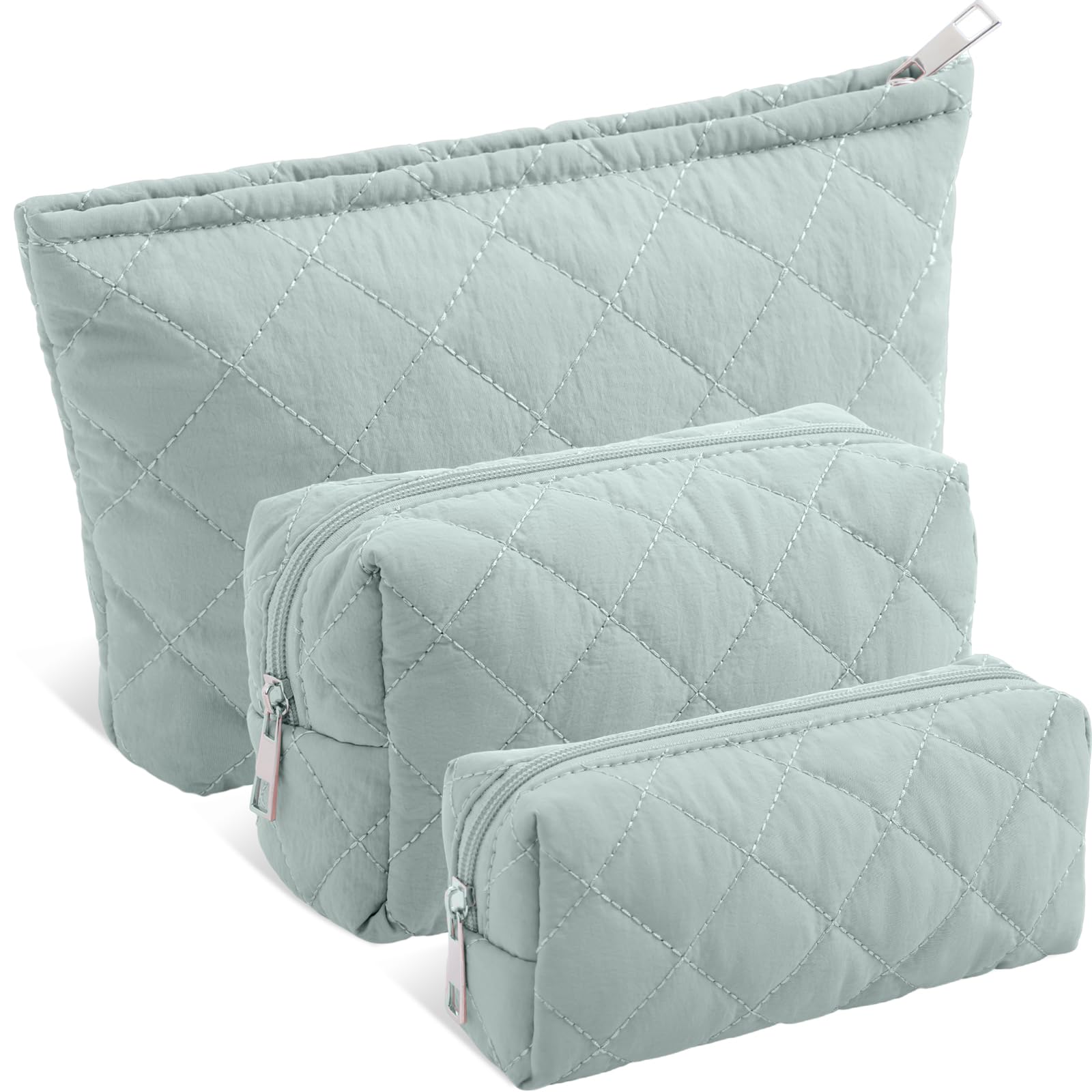 Sadnyy 3 Pcs Puffy Quilted Makeup Bag Set – Valentine Gift, Dark Green Cosmetic Pouches