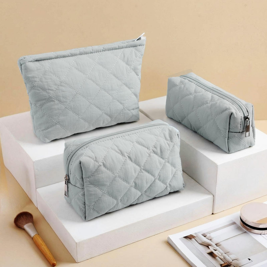 Sadnyy 3 Pcs Puffy Quilted Makeup Bag Set – Valentine Gift, Dark Green Cosmetic Pouches