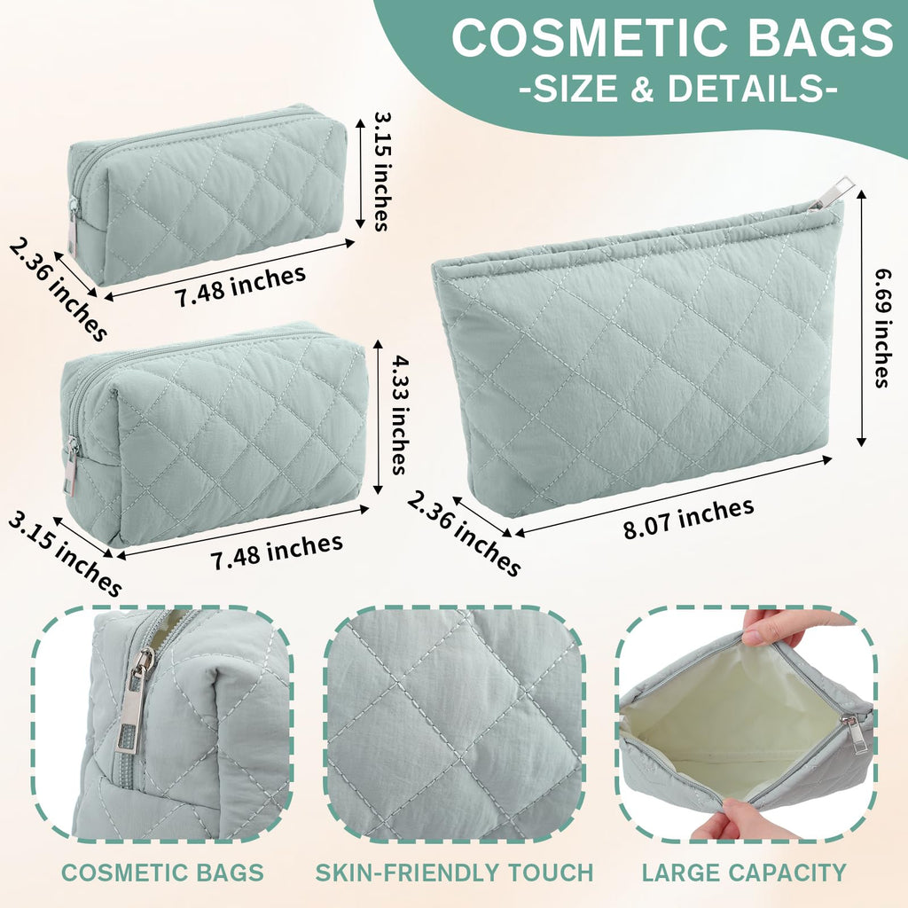 Sadnyy 3 Pcs Puffy Quilted Makeup Bag Set – Valentine Gift, Dark Green Cosmetic Pouches