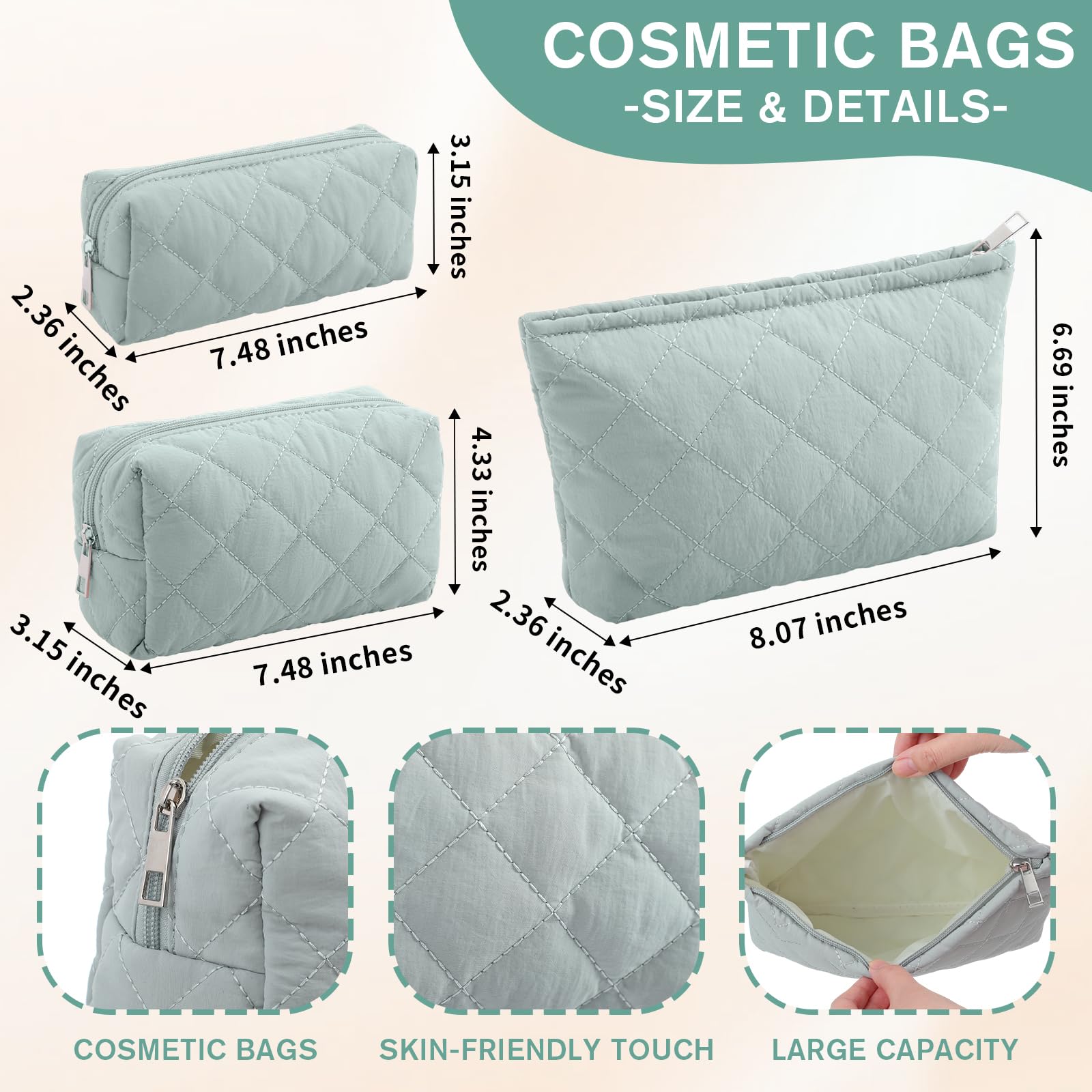 Sadnyy 3 Pcs Puffy Quilted Makeup Bag Set – Valentine Gift, Dark Green Cosmetic Pouches