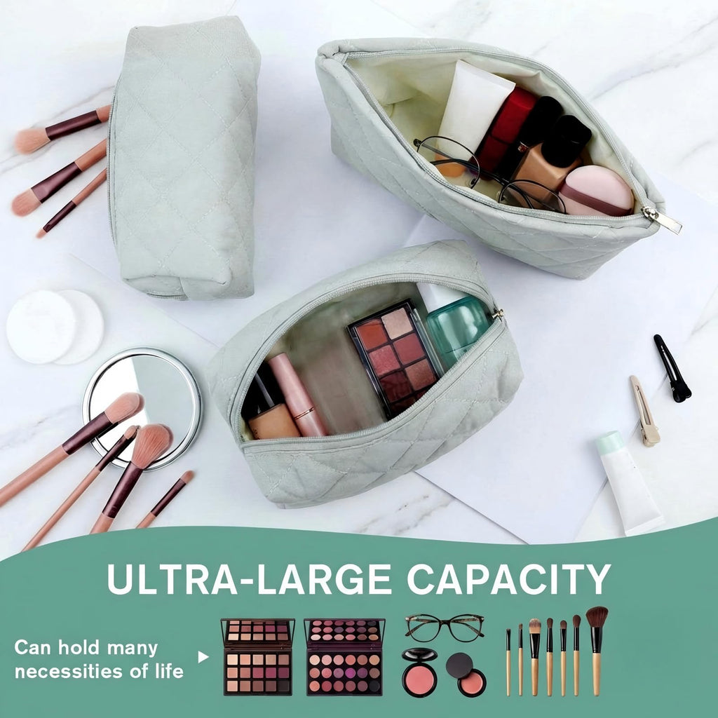Sadnyy 3 Pcs Puffy Quilted Makeup Bag Set – Valentine Gift, Dark Green Cosmetic Pouches