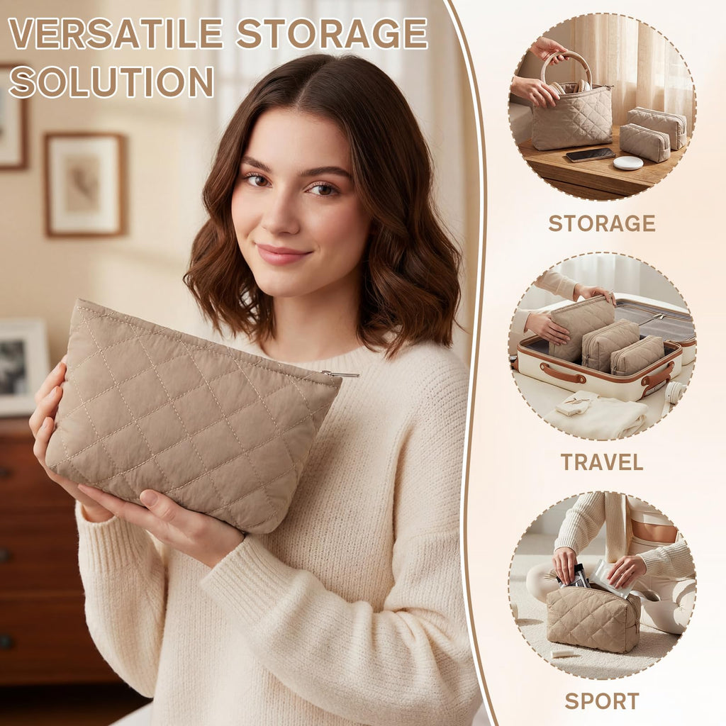 Sadnyy 3 Pcs Puffy Quilted Makeup Bag Set – Valentine Gift, 3 Sizes, Grayish Brown