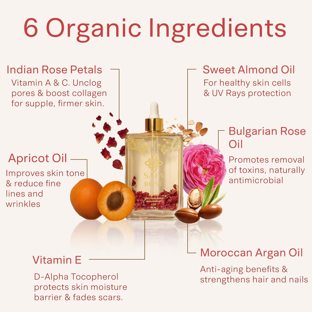 SAFA Rosé Oil – Organic Rose Essential Oil for Face, Body, Hair & Aromatherapy | After Shower Body Oil