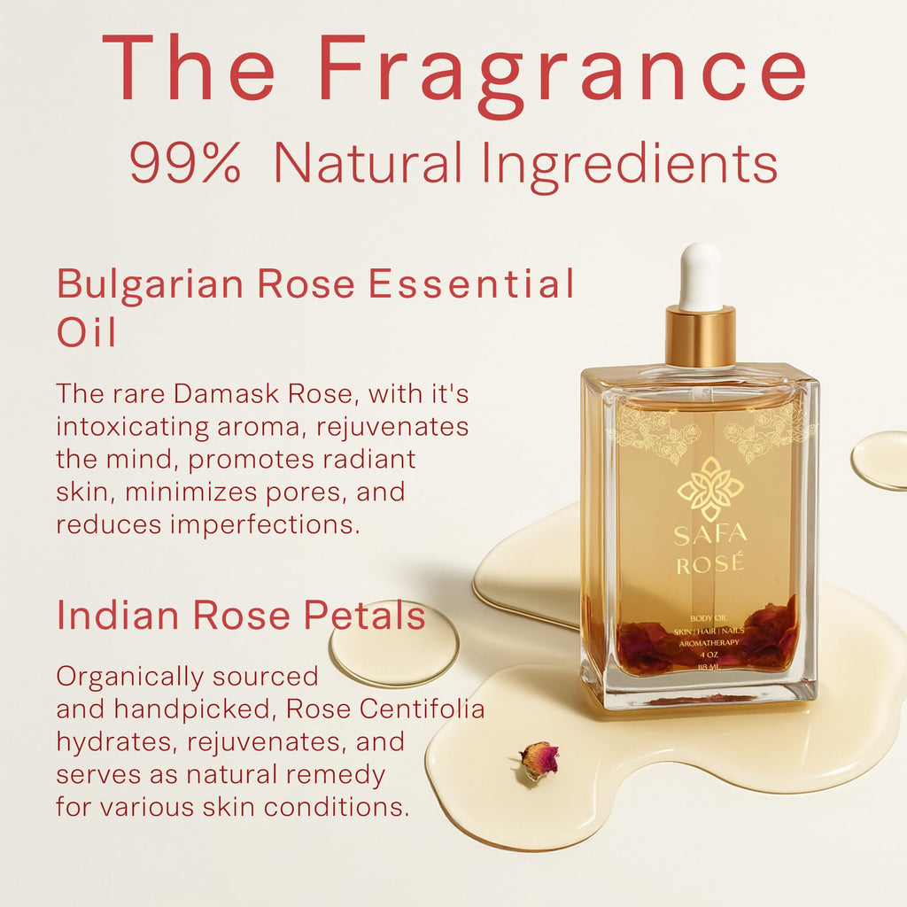 SAFA Rosé Oil – Organic Rose Essential Oil for Face, Body, Hair & Aromatherapy | After Shower Body Oil