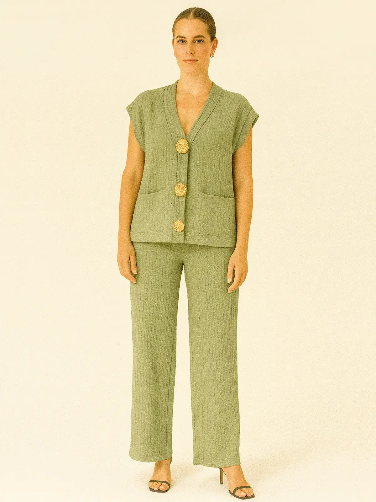 3-Gold Button Short Sleeve Set