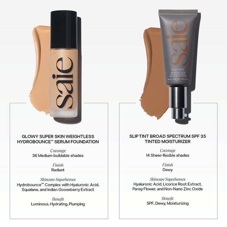 Saie Glowy Super Skin Tint Foundation – Weightless Dewy Coverage, Shade 2 (1.01 oz)